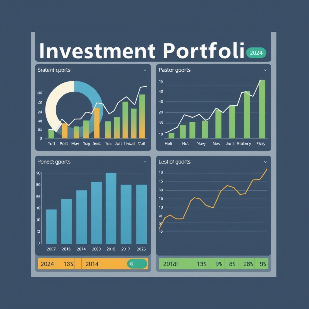 Moderní investiční portfolio s grafy a trendy pro rok 2024, zobrazující růst investic a finanční plánování