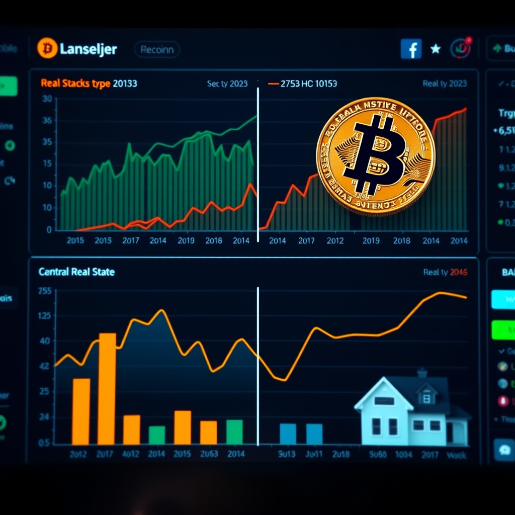 Porovnání kryptoměn a tradičních investic - graf zobrazující Bitcoin, akcie, dluhopisy a nemovitosti na moderním finančním dashboardu