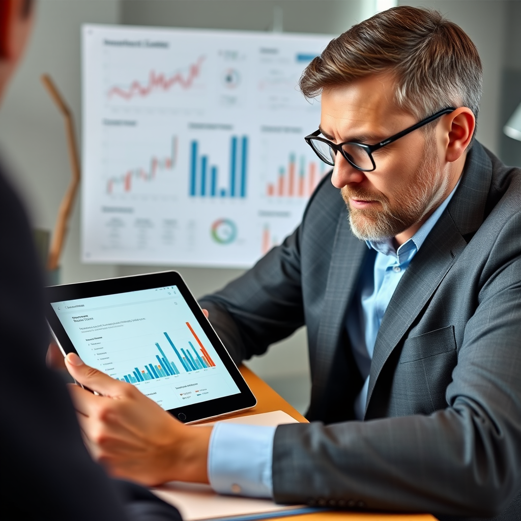 Finanční poradce analyzující investiční portfolio na tabletu s grafy a diagramy