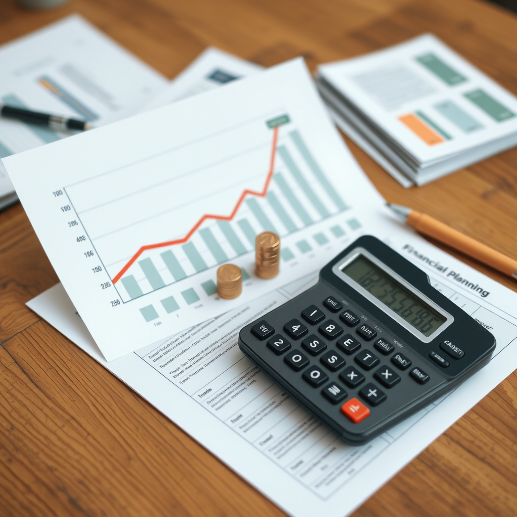 Finanční plánování - graf s rostoucími investicemi a kalkulačka na stole s dokumenty