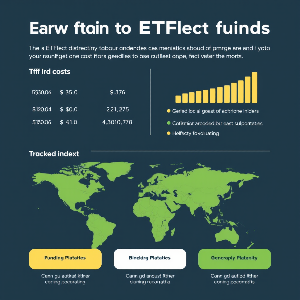 Infografika zobrazující kritéria pro výběr ETF fondů včetně nákladů, velikosti fondu, sledovaného indexu a geografického rozložení