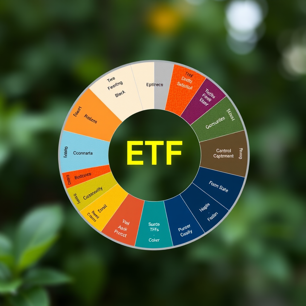 Grafické znázornění diverzifikovaného ETF portfolia s různými sektory ekonomiky reprezentovanými barevnými segmenty kruhu