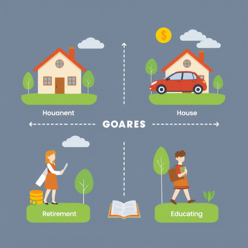 Infografika zobrazující různé finanční cíle - dům, auto, důchod, vzdělání dětí