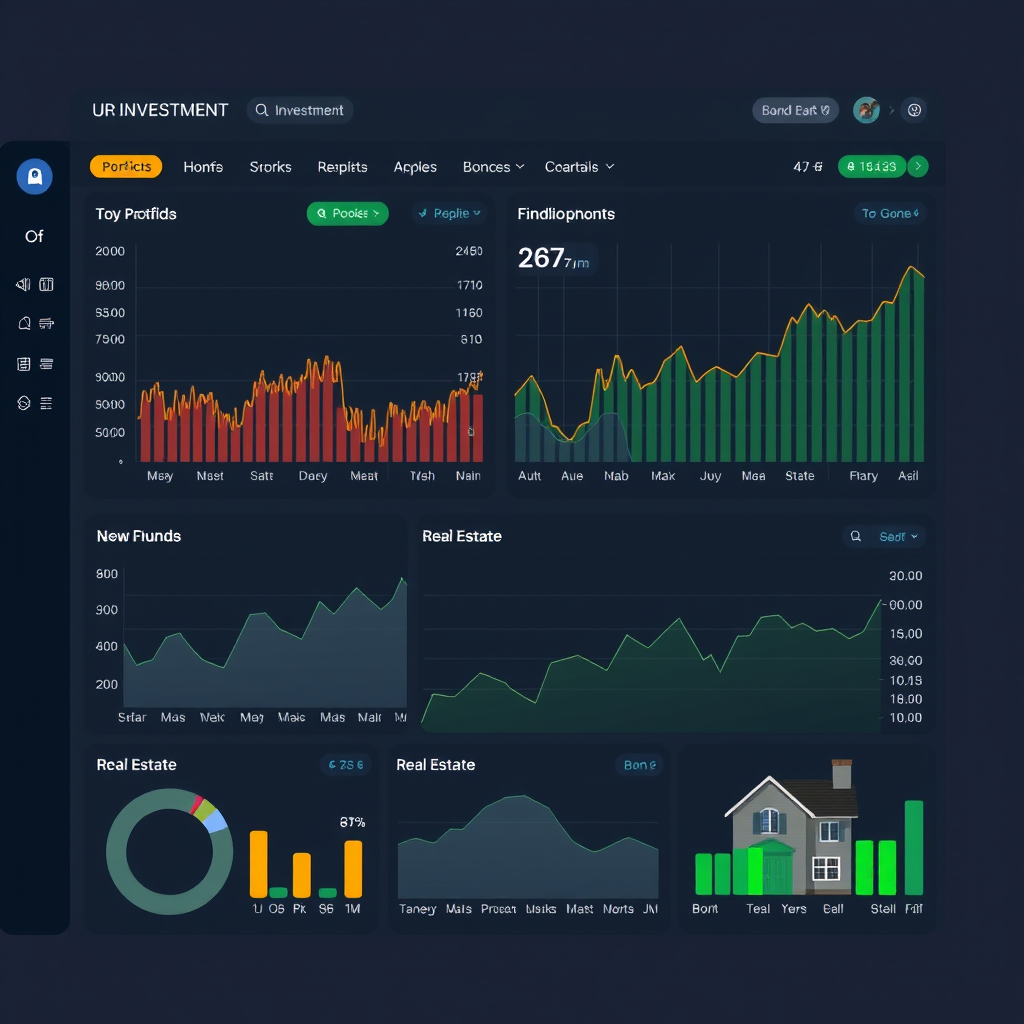 Diverzifikované investiční portfolio obsahující akcie, dluhopisy, ETF fondy a nemovitosti zobrazené v moderním finančním dashboardu