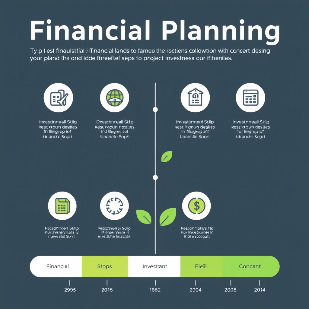 Infografika zobrazující kroky finančního plánování s ikonami reprezentujícími různé investiční nástroje a časovou osu