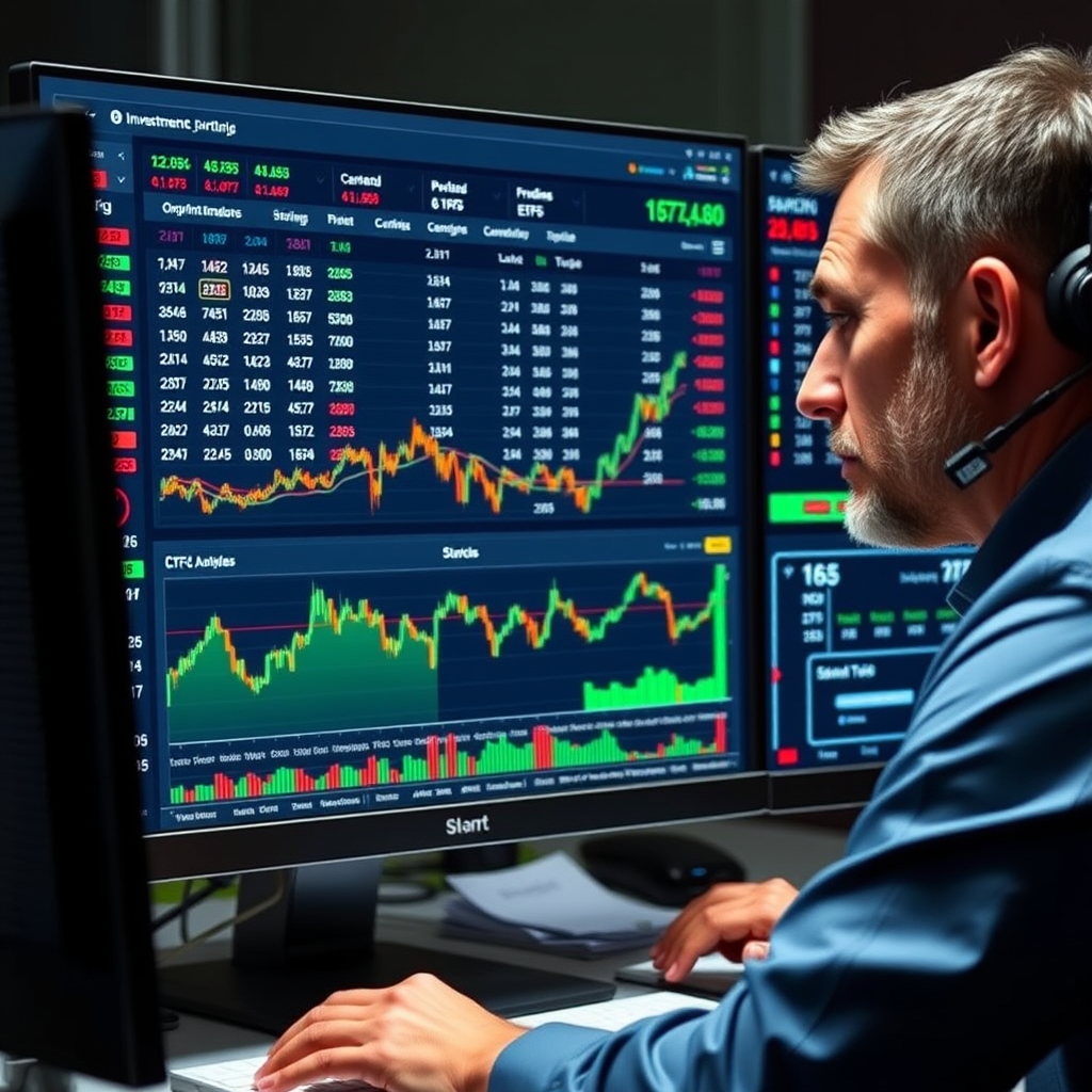 Detailní analýza investičního portfolia na počítačové obrazovce s grafy výkonnosti akcií, fondů a ETF, analytik studuje data
