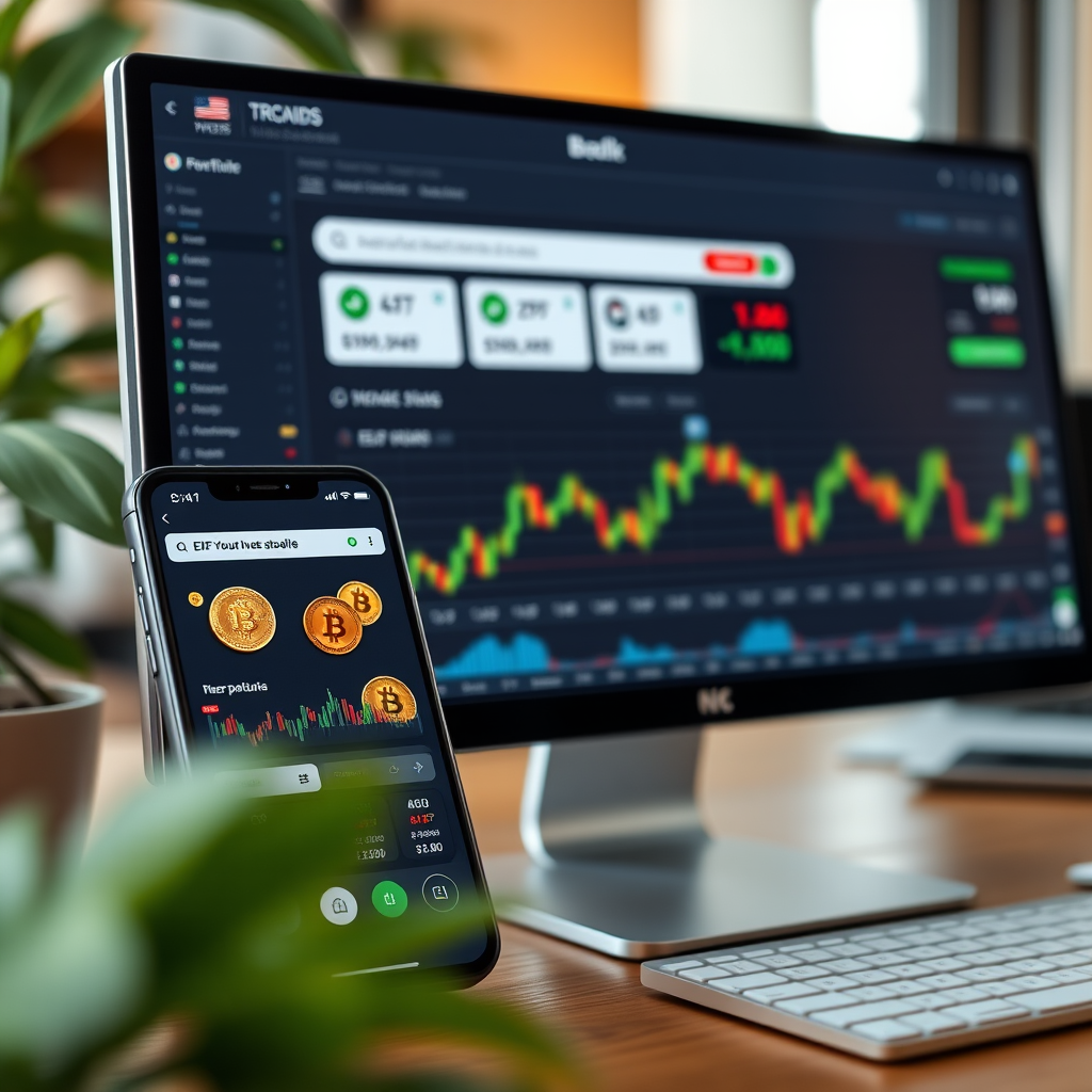 Moderní online investiční platforma zobrazující portfolio s kryptoměnami, akciemi a ETF fondy na mobilním telefonu a počítači