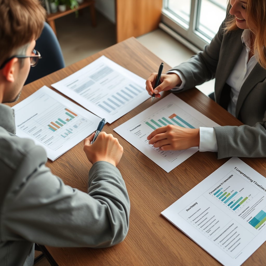 Finanční plánovač pracuje s klientem na vytváření komplexního finančního plánu, na stole jsou dokumenty o spoření, pojištění a důchodovém plánování