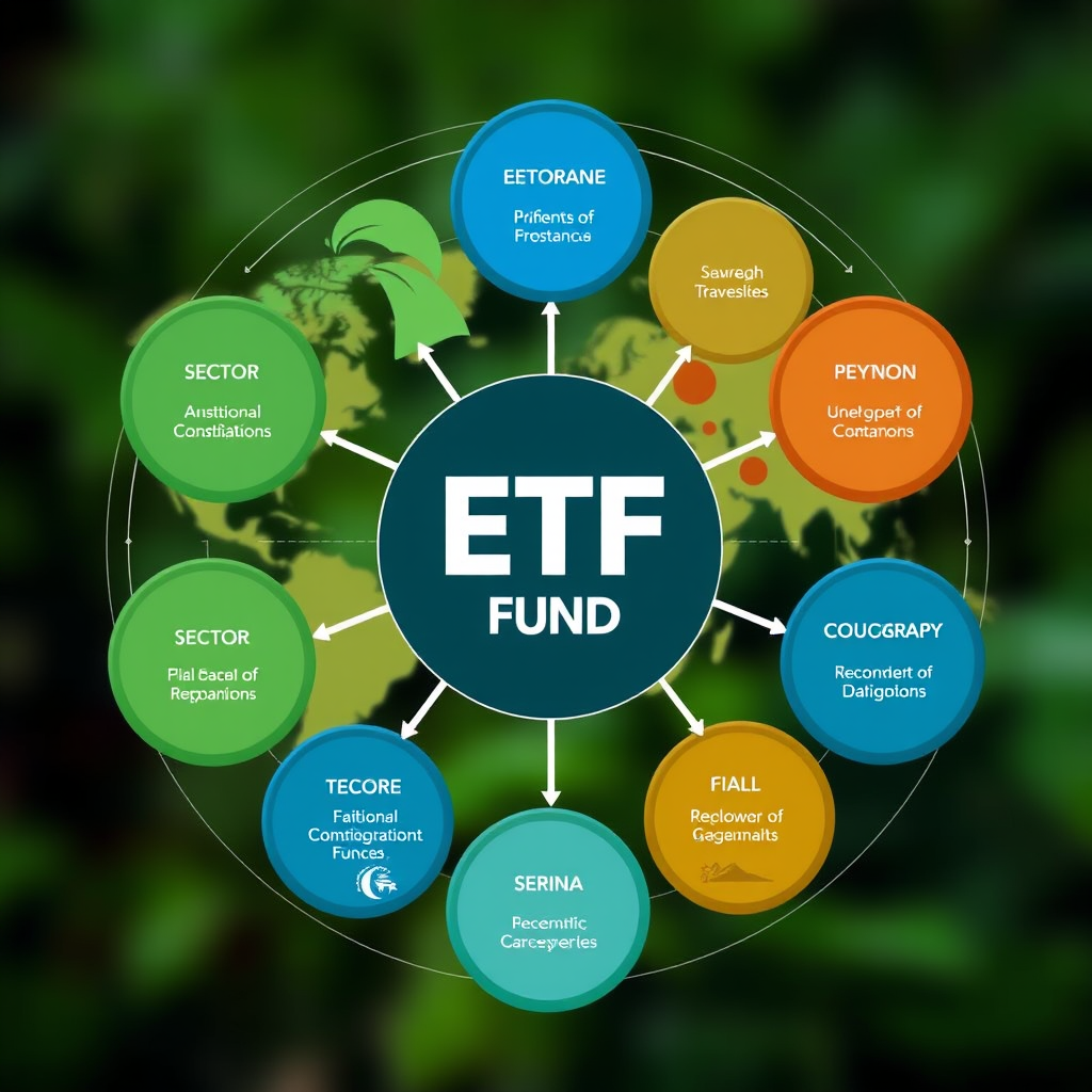 Diagram ETF fondů s různými sektory a geografickými oblastmi pro diverzifikaci portfolia