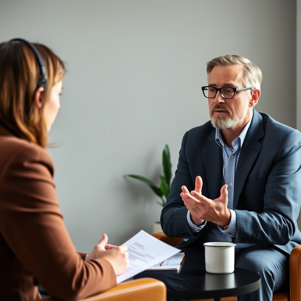 Zkušený finanční mentor vede individuální konzultaci s klientem, diskutují o investičních strategiích a praktických aplikacích chytrého investování